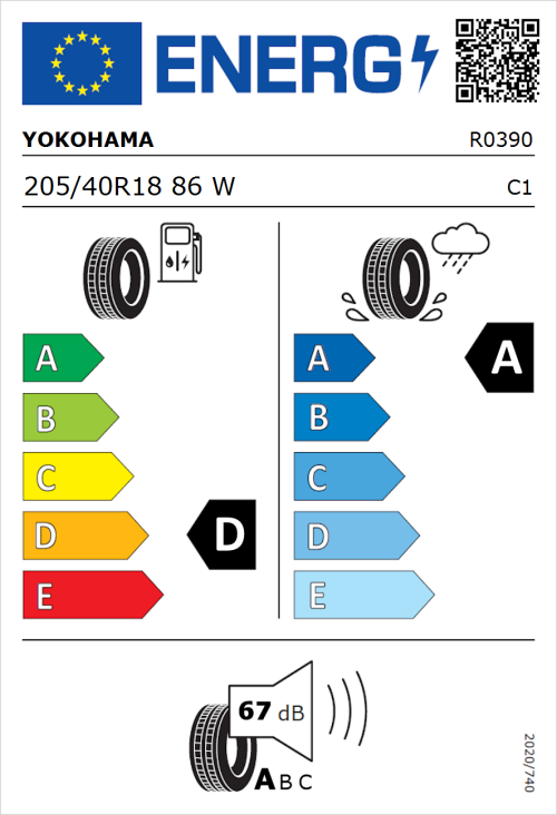 Tyre Label for Yokohama Advan Fleva V701 205/40R18 86W