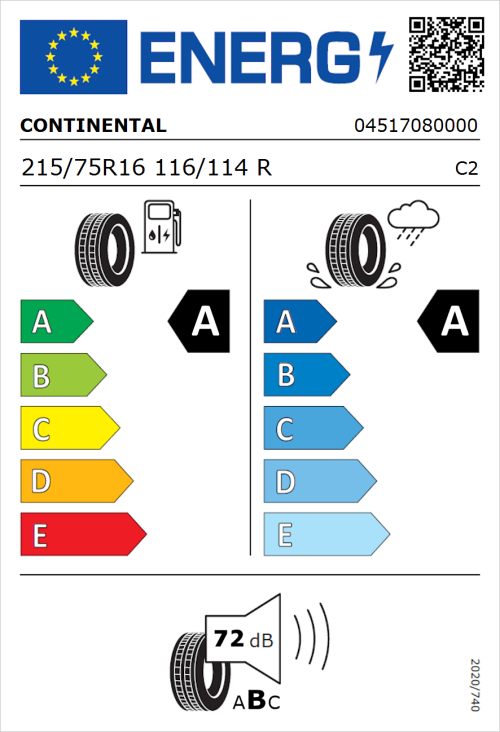 Tyre Label for Continental VanContact Eco 215/75R16 116/114R