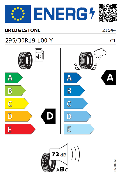 Tyre Label for Bridgestone Potenza Sport 295/30R19 100Y