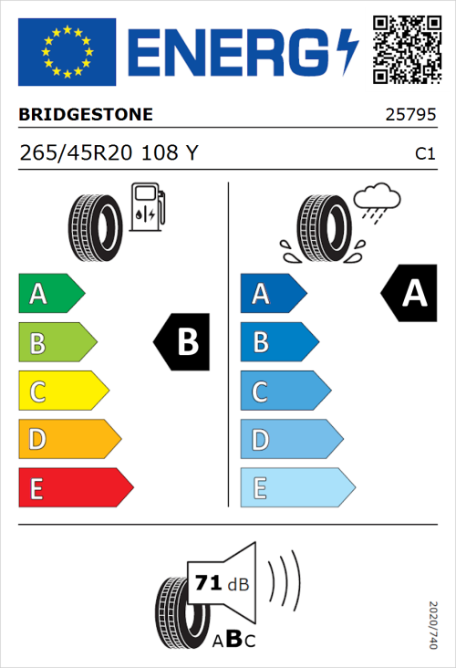 Tyre Label for Bridgestone Potenza Sport 265/45R20 108Y