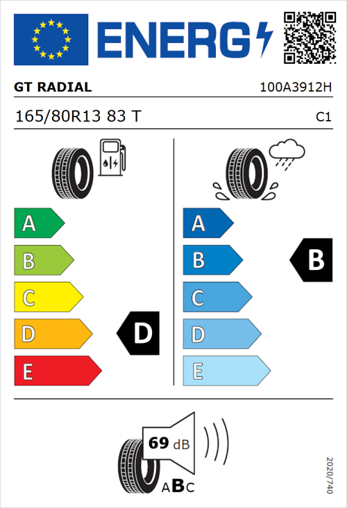 Tyre Label for GT Radial FE1 City 165/80R13 83T